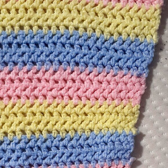 Handmade Crocheted Striped Baby Blanket Afghan Yellow, Pink, and Blue 46 x 33 - Picture 4 of 4